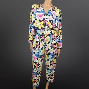 Vintage 80s Farouche Floral belted Jumpsuit Size S Tapered Leg Colorful
